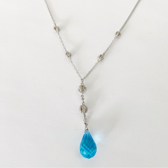14k white gold diamond & blue topaz briolette lavalier necklace 18” - Picture 2 of 10